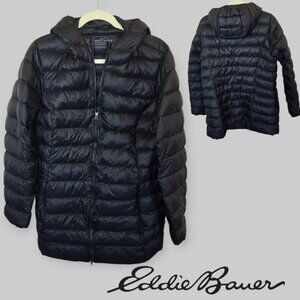 Eddie Bauer Black  Puffer  CirrusLite Down Parka Coat Hooded Jacket Womens XL